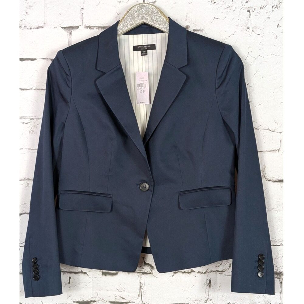 ANN TAYLOR One-Button Stretch Cotton Blazer in Night Sky Blue 10P NWT MSRP $158